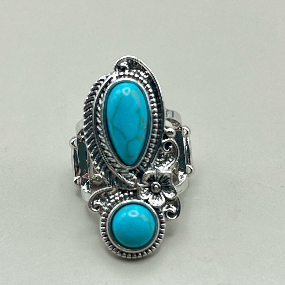 Silver and Turquoise Stretch Floral Ring